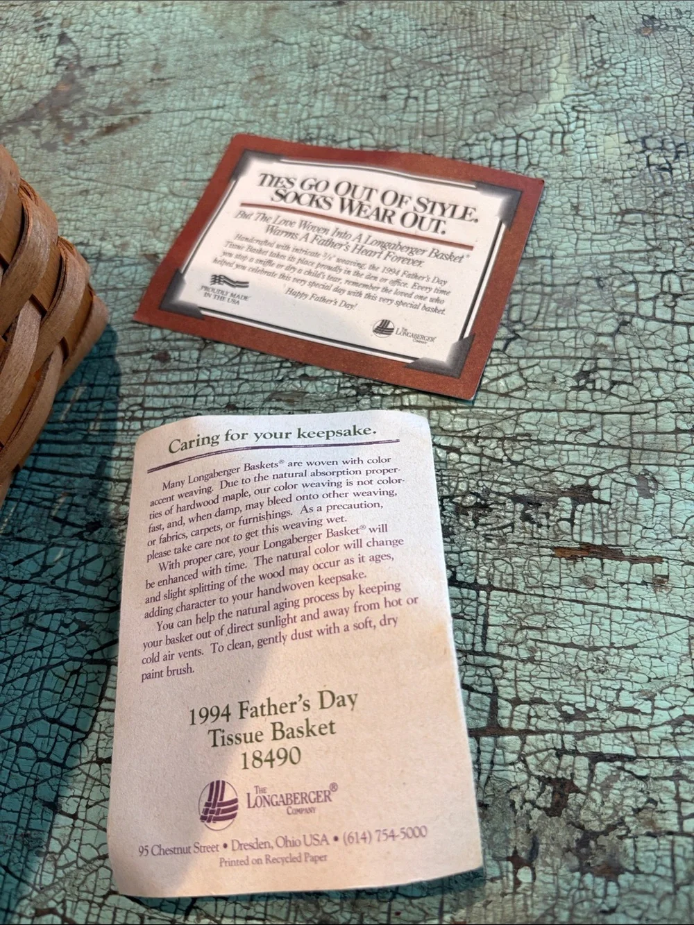 Longaberger 1994 Father’s Day Tissue Basket w Wood Lid Card Insert USA
